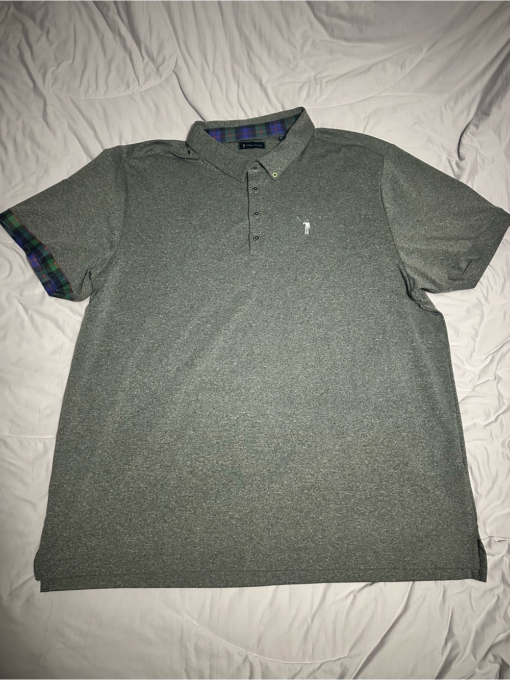 William Murray Golf Heather Gray Polo with Plaid Trim